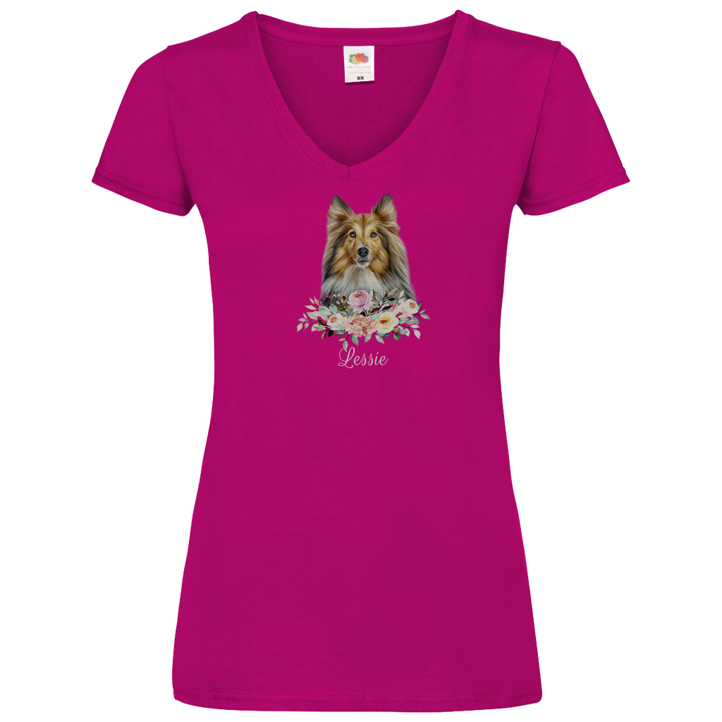 Flower Sheltie - V-Shirt für Damen - Dein Wunschtext