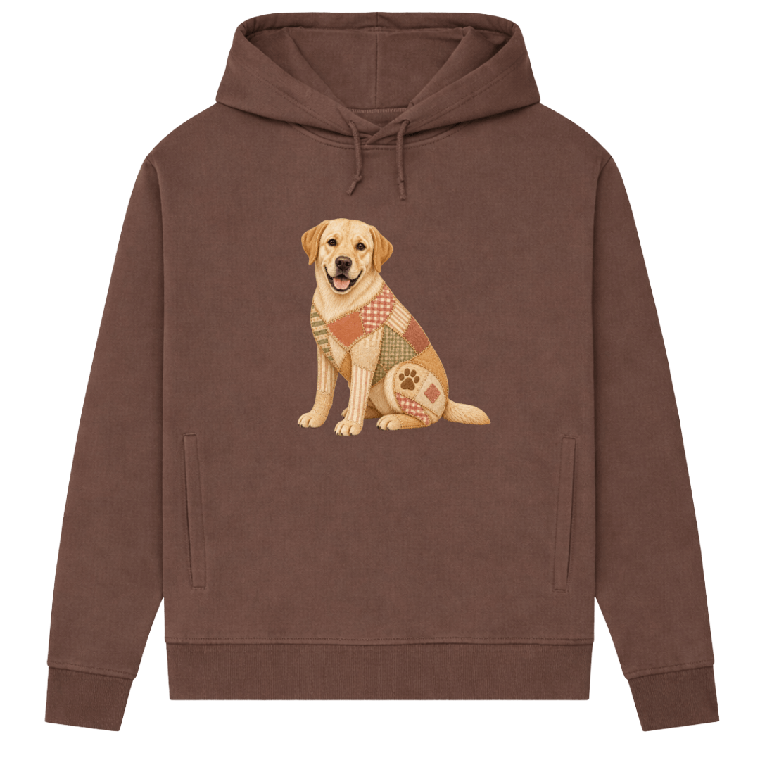Labrador Damen Bio-Hoodie – Vintage-Patchwork-Look mit Herz