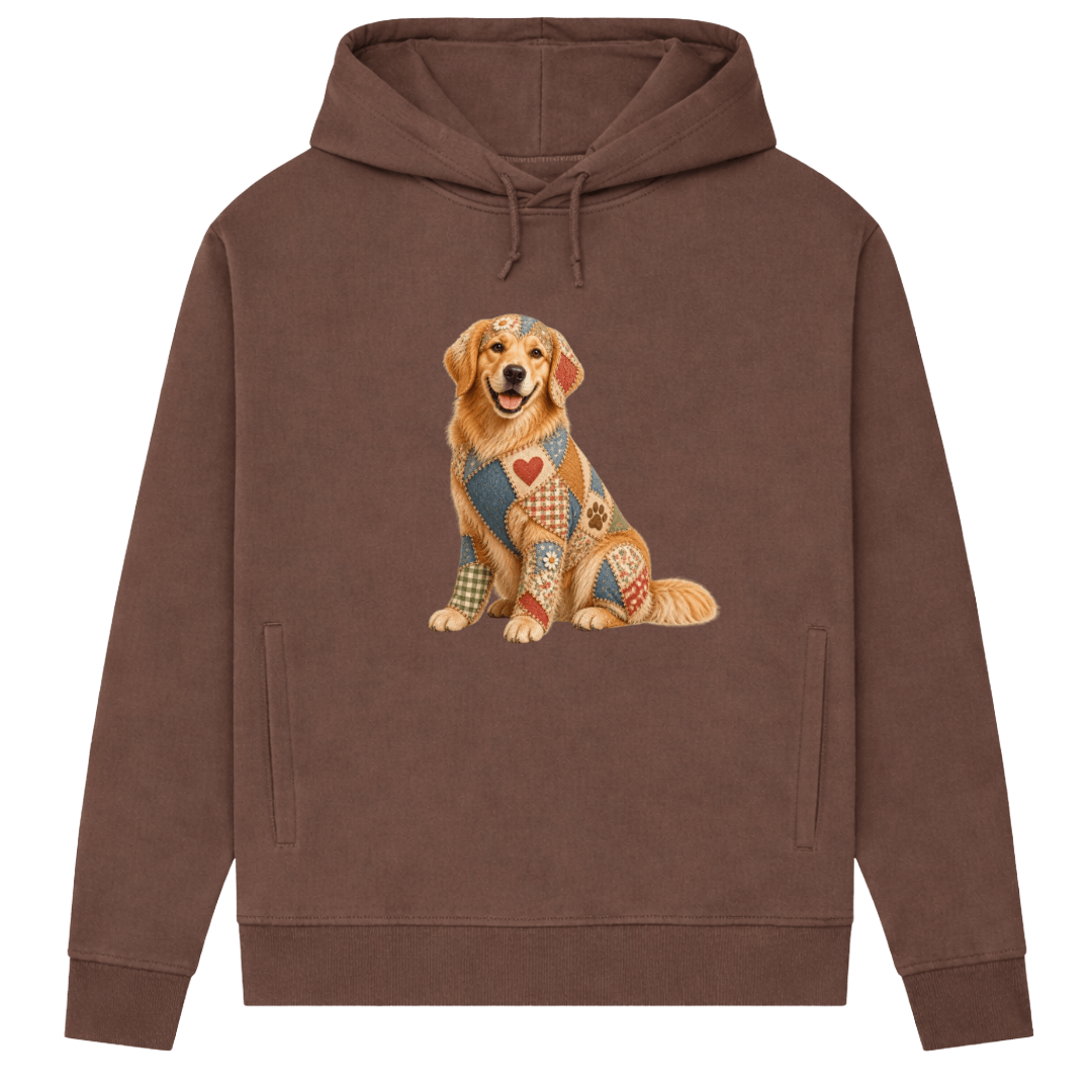Golden Retriever Damen Bio-Hoodie – Patchwork-Look mit Herz