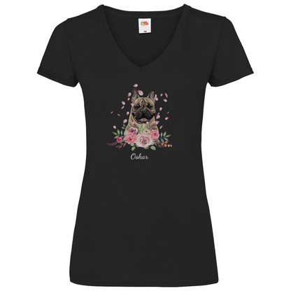 Flower Französische Bulldoge - V-Shirt für Damen - Dein Wunschtext