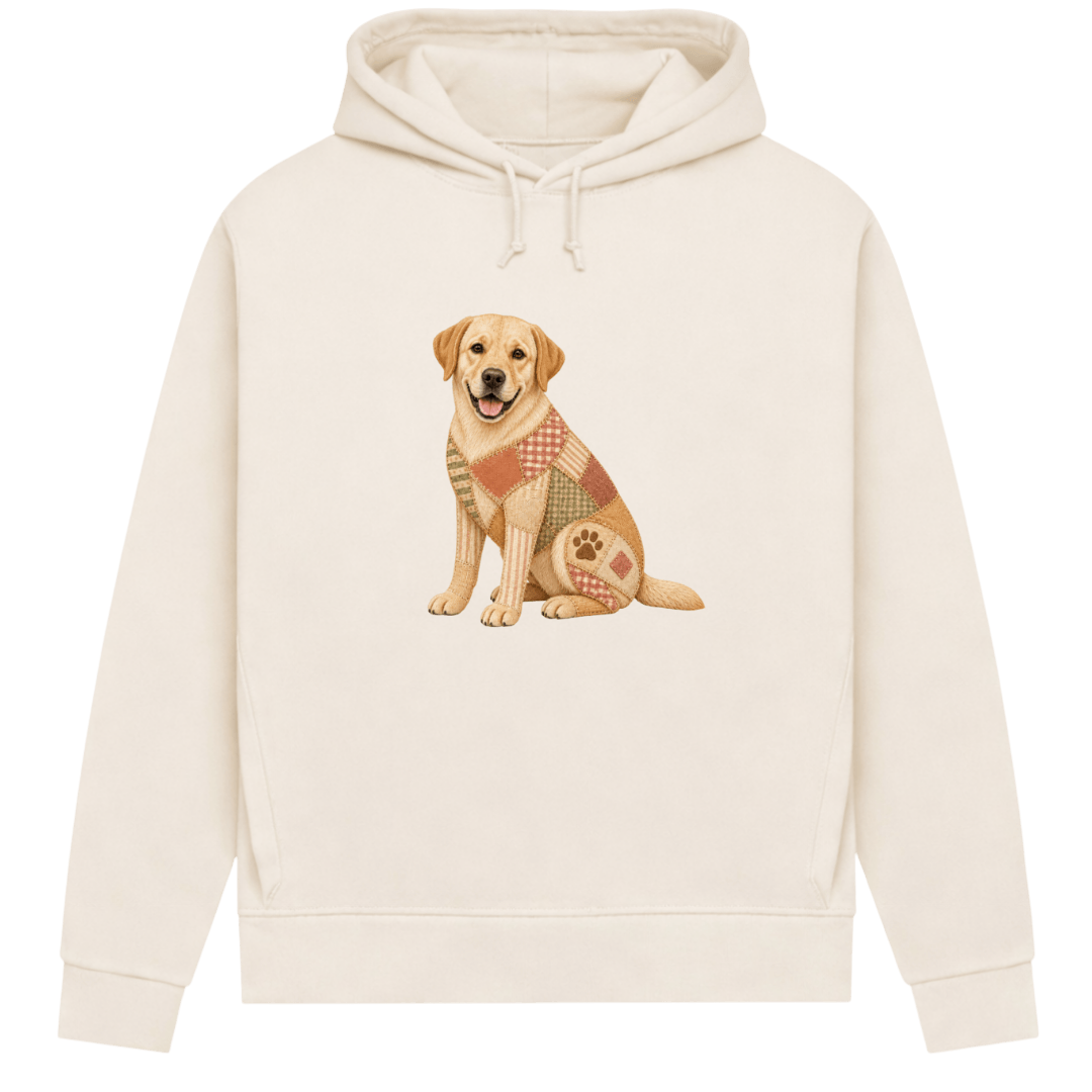 Labrador Damen Bio-Hoodie – Vintage-Patchwork-Look mit Herz