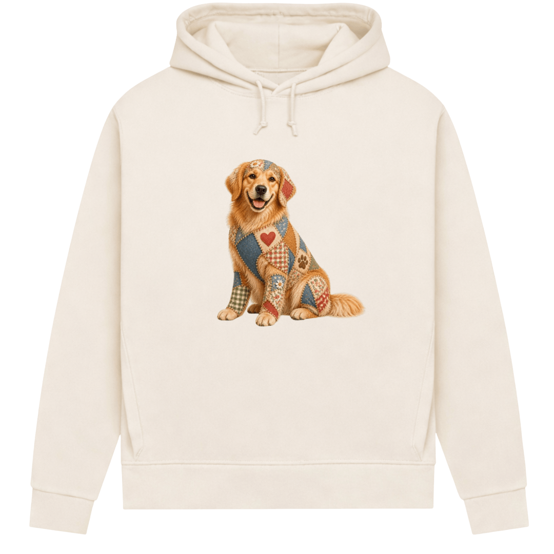 Golden Retriever Damen Bio-Hoodie – Patchwork-Look mit Herz