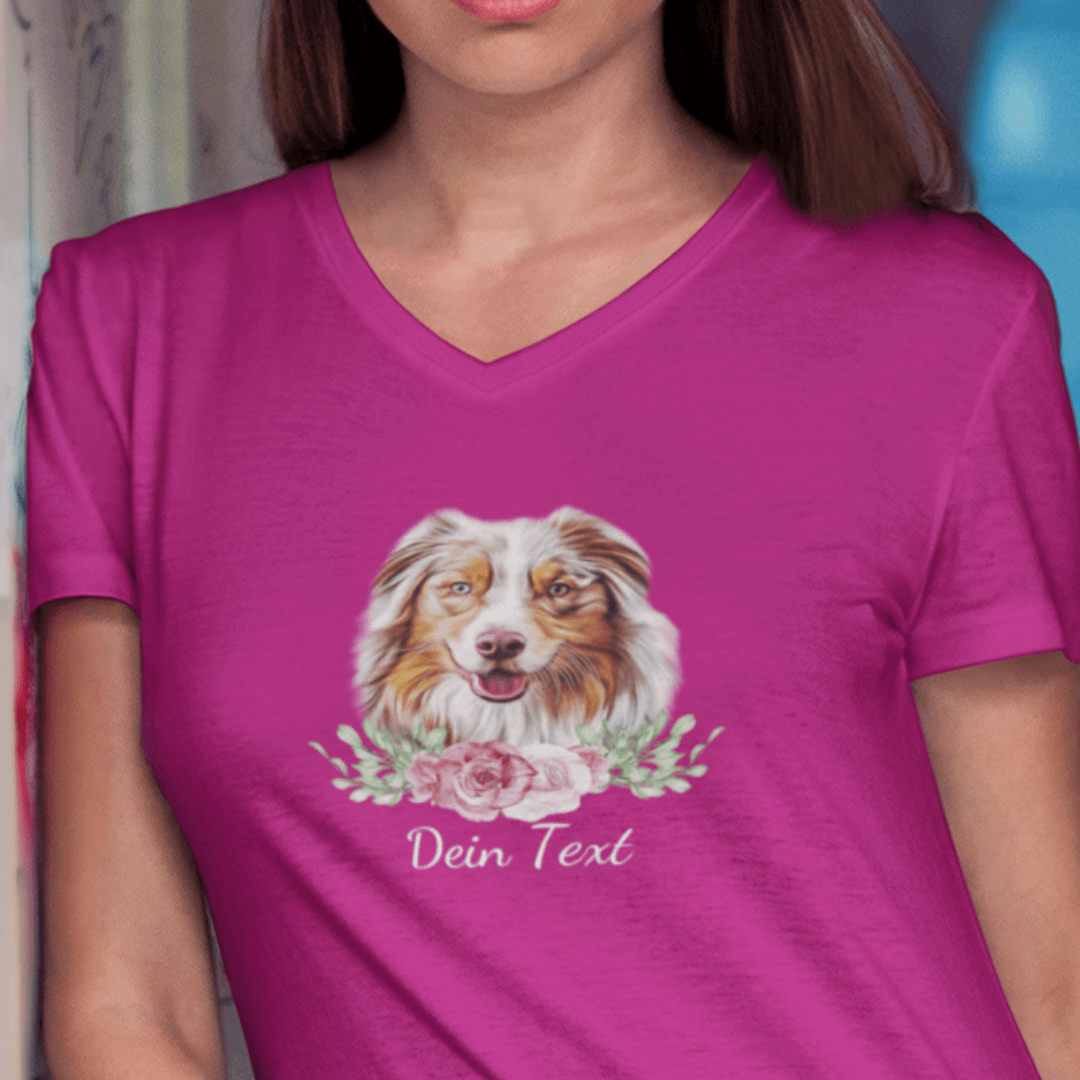 Flower Australian Shepherd - V-Shirt für Damen-Dein Wunschtext