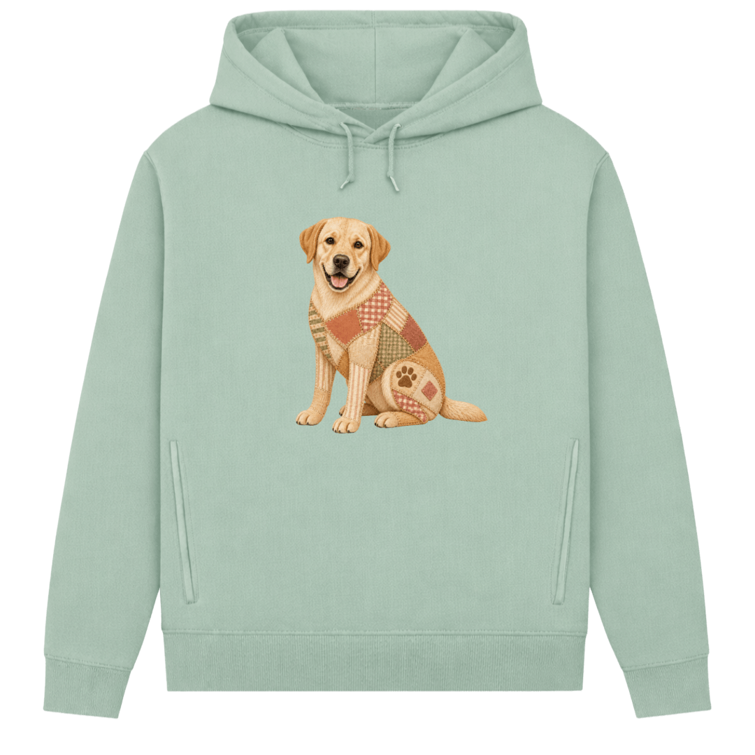 Labrador Damen Bio-Hoodie – Vintage-Patchwork-Look mit Herz