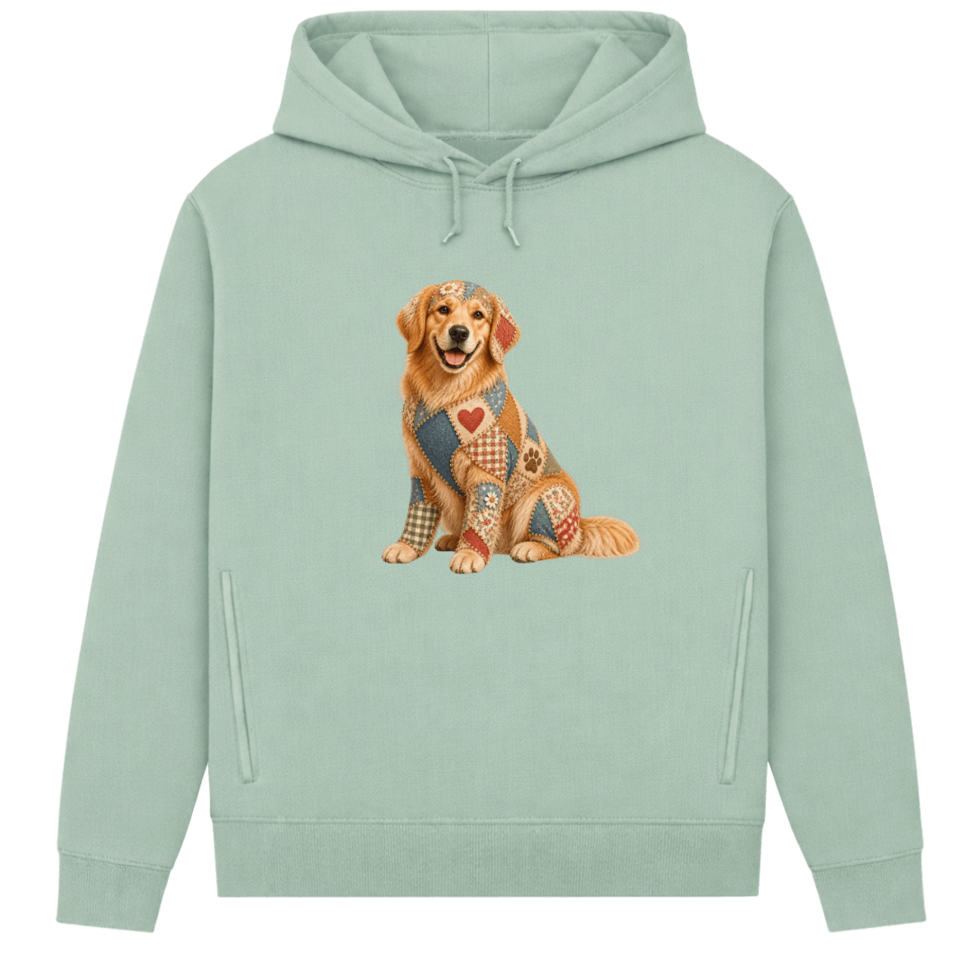 Golden Retriever Damen Bio-Hoodie – Patchwork-Look mit Herz