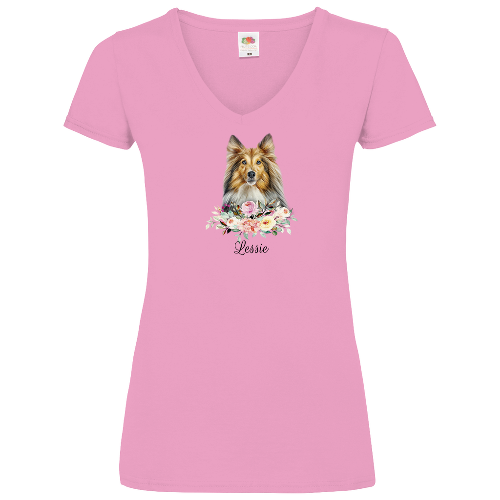 Flower Sheltie - V-Shirt für Damen - Dein Wunschtext