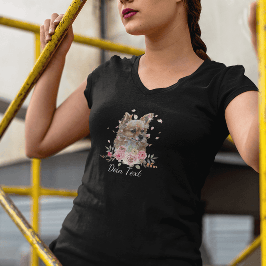 Flower Chihuahua -V-Shirt für Damen-Dein Wunschtext