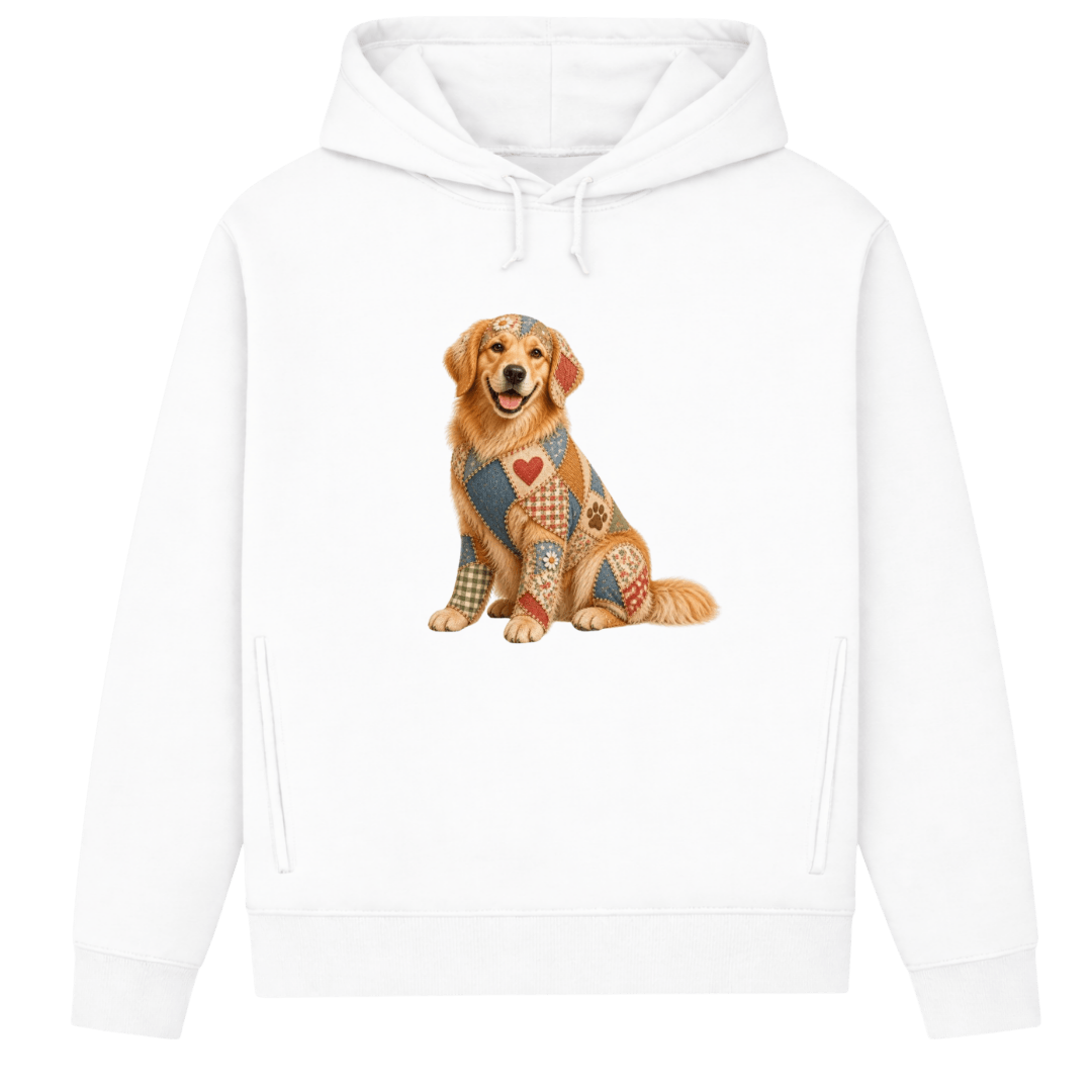 Golden Retriever Damen Bio-Hoodie – Patchwork-Look mit Herz