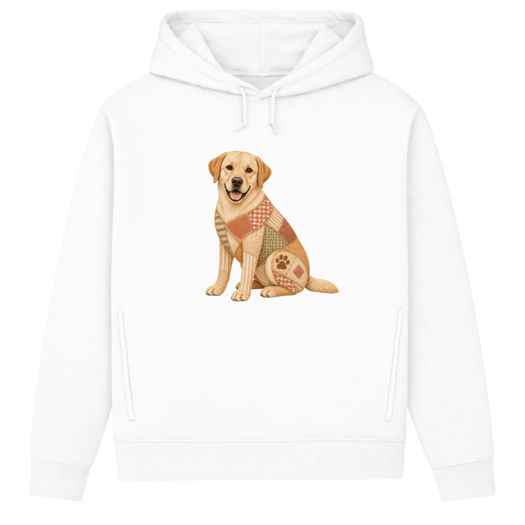 Labrador Damen Bio-Hoodie – Vintage-Patchwork-Look mit Herz