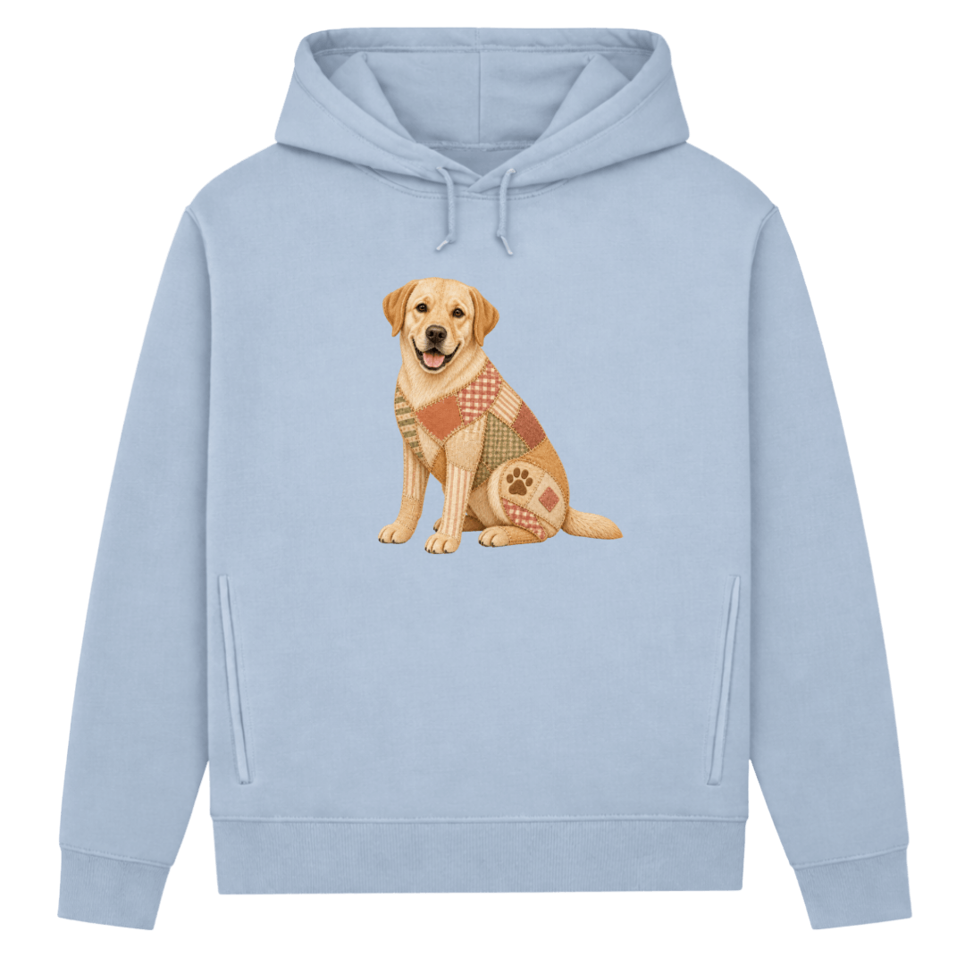 Labrador Damen Bio-Hoodie – Vintage-Patchwork-Look mit Herz