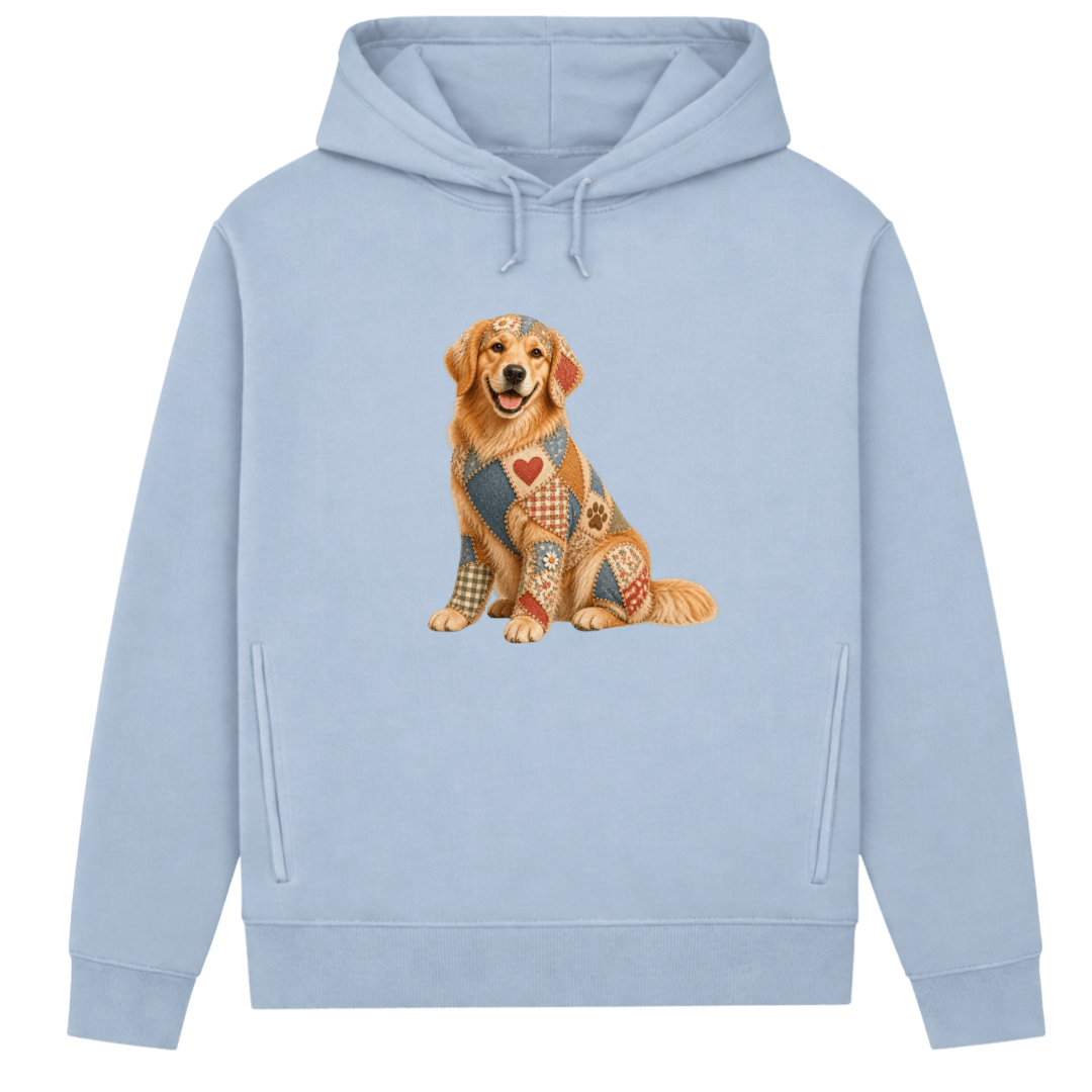 Golden Retriever Damen Bio-Hoodie – Patchwork-Look mit Herz