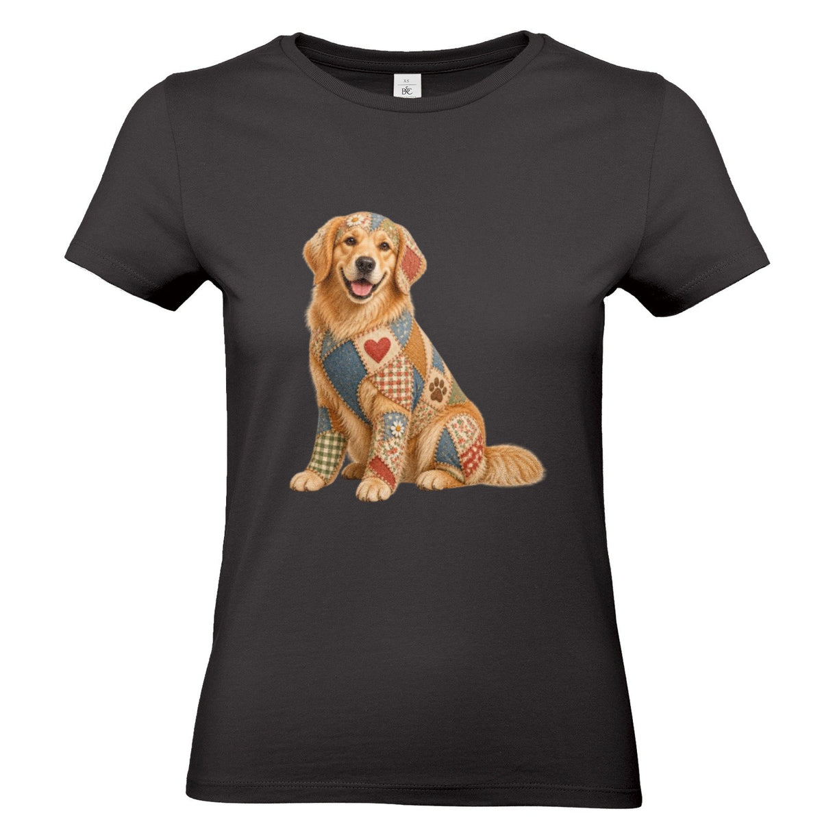 Golden Retriever Damen T-Shirt – Patchwork-Look mit Herz