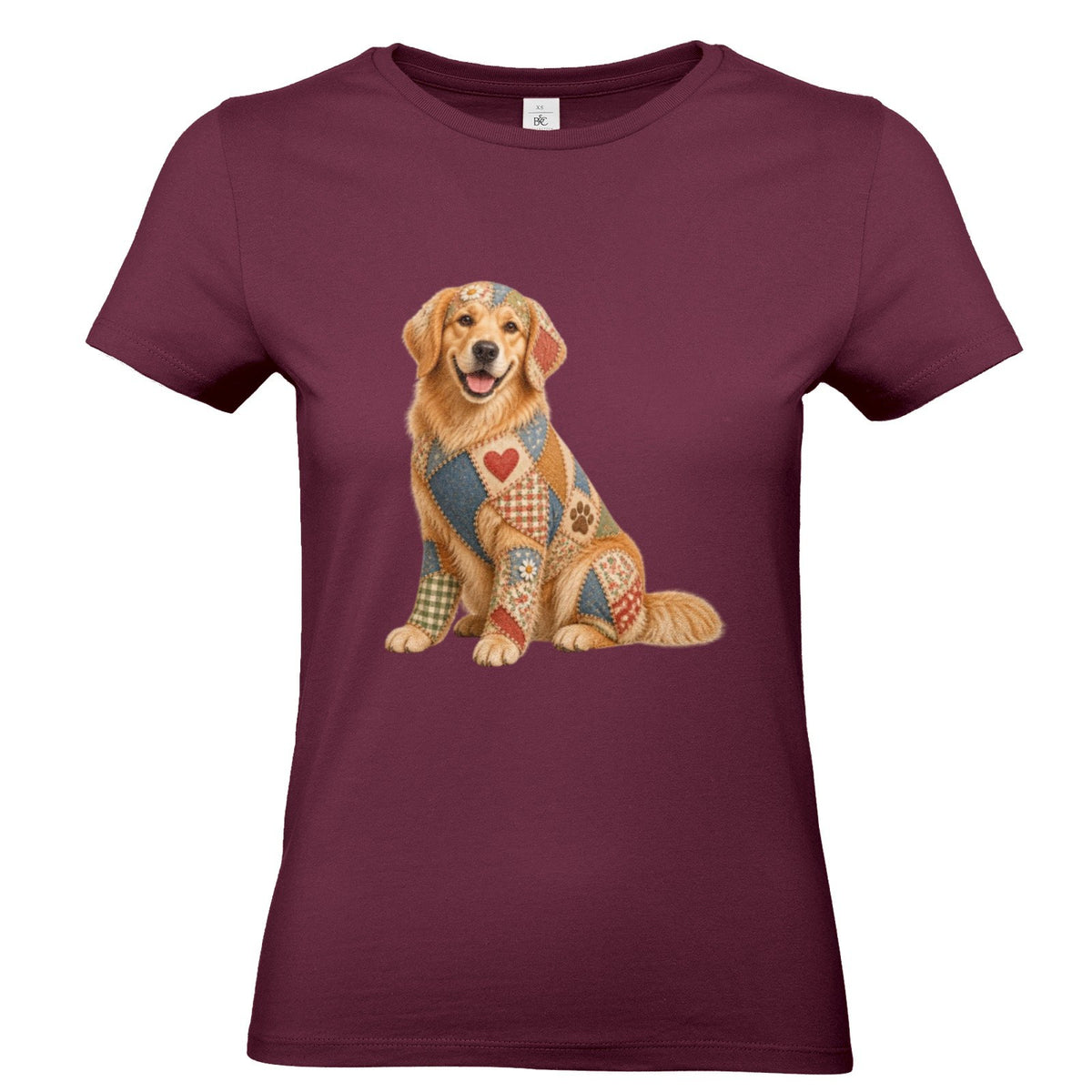 Golden Retriever Damen T-Shirt – Patchwork-Look mit Herz