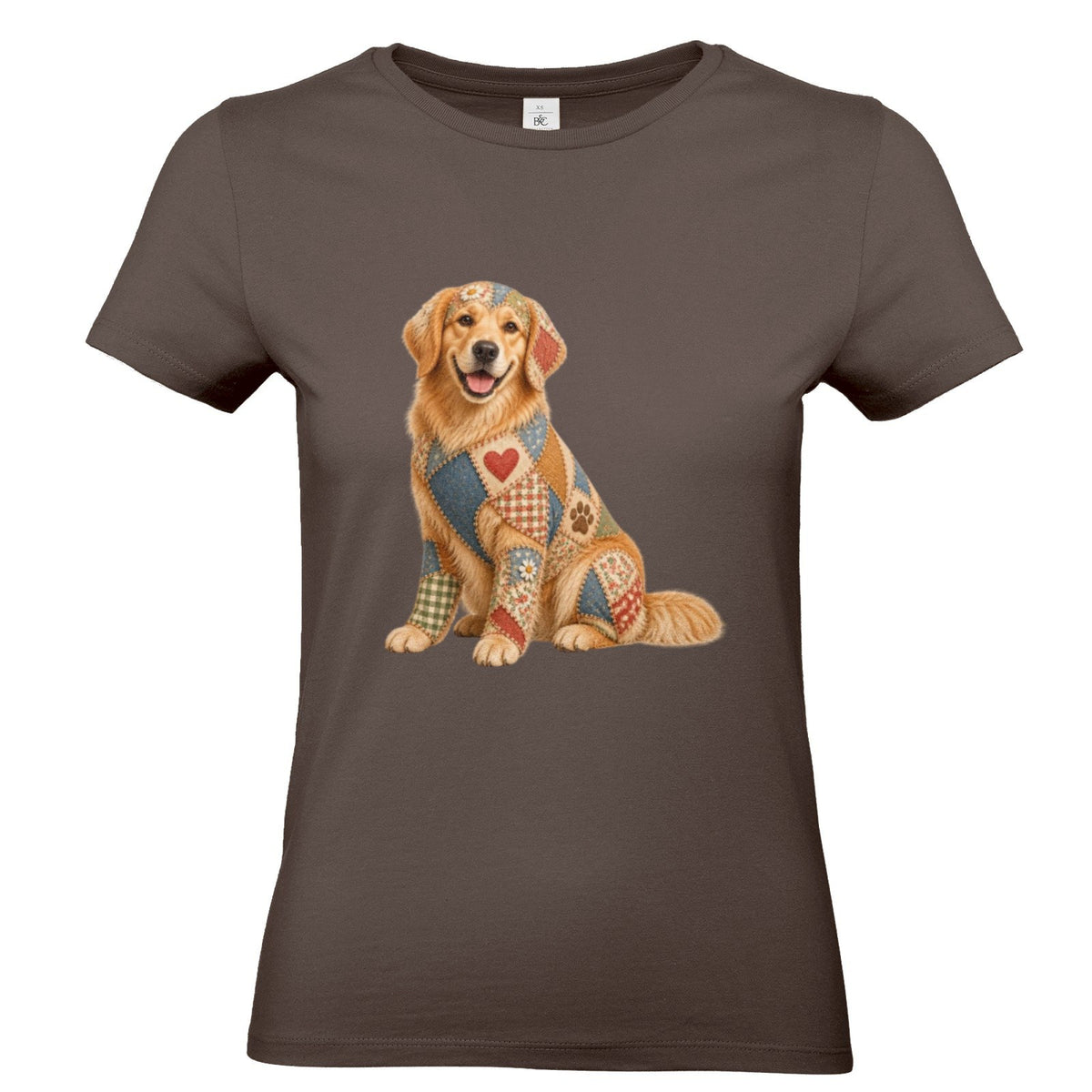 Golden Retriever Damen T-Shirt – Patchwork-Look mit Herz