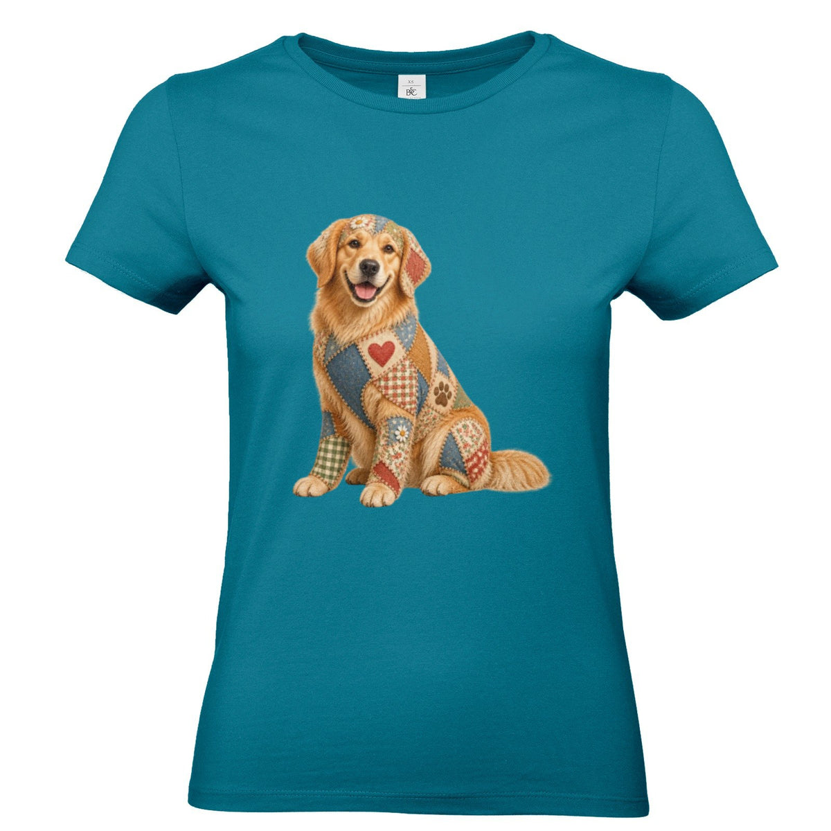 Golden Retriever Damen T-Shirt – Patchwork-Look mit Herz