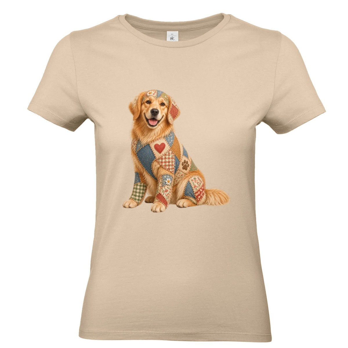 Golden Retriever Damen T-Shirt – Patchwork-Look mit Herz