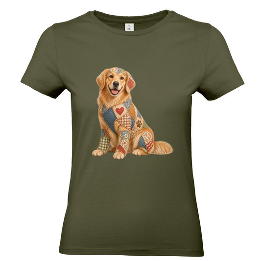 Golden Retriever Damen T-Shirt – Patchwork-Look mit Herz