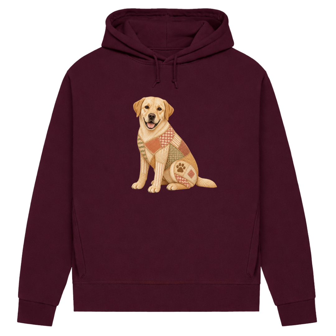 Labrador Damen Bio-Hoodie – Vintage-Patchwork-Look mit Herz