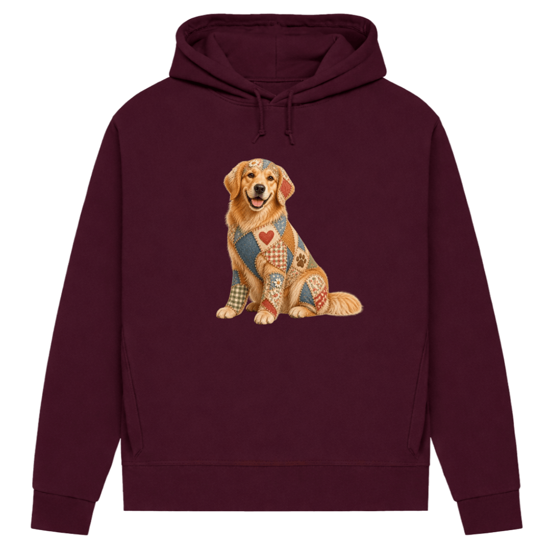 Golden Retriever Damen Bio-Hoodie – Patchwork-Look mit Herz