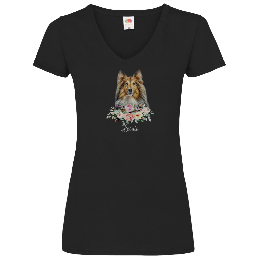 Flower Sheltie - V-Shirt für Damen - Dein Wunschtext