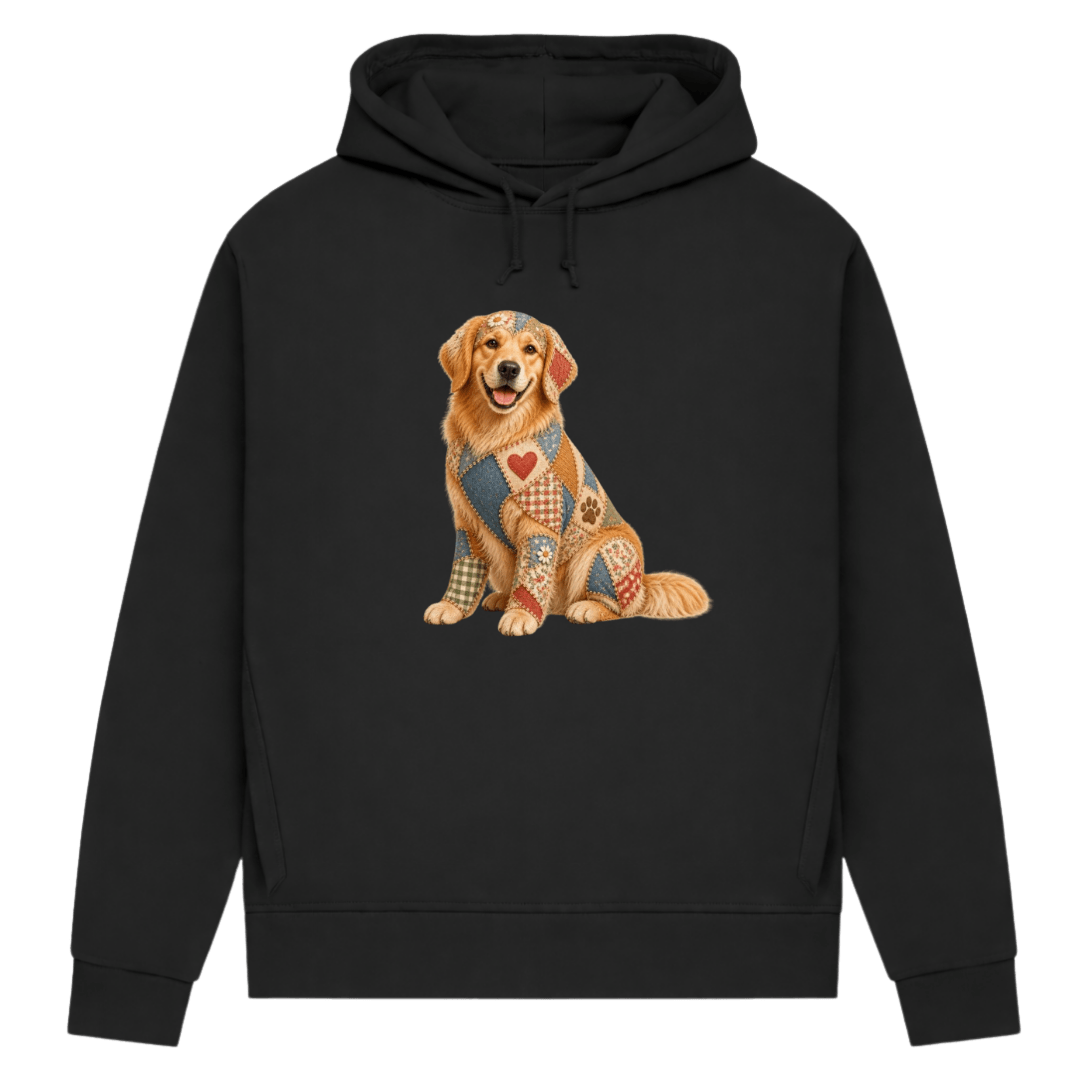 Golden Retriever Damen Bio-Hoodie – Patchwork-Look mit Herz