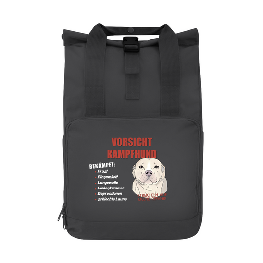 Praktischer Rucksack mit "Vorsicht Kampfhund"-Motiv, witzige Cartoon-Grafik in dunkel Grau, geräumig und robust, ideal für Alltag, Schule, Reisen und Hundefans.