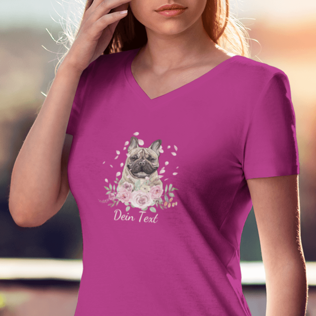 Flower Französische Bulldoge - V-Shirt für Damen - Dein Wunschtext