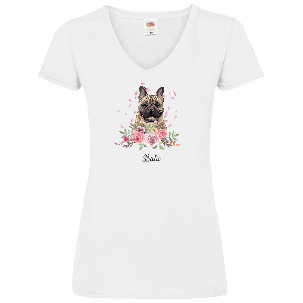 Flower Französische Bulldoge - V-Shirt für Damen - Dein Wunschtext