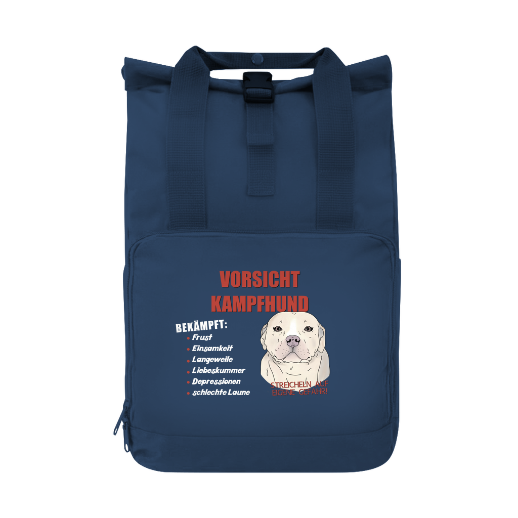 Praktischer Rucksack mit "Vorsicht Kampfhund"-Motiv, witzige Cartoon-Grafik in Blau, geräumig und robust, ideal für Alltag, Schule, Reisen und Hundefans.