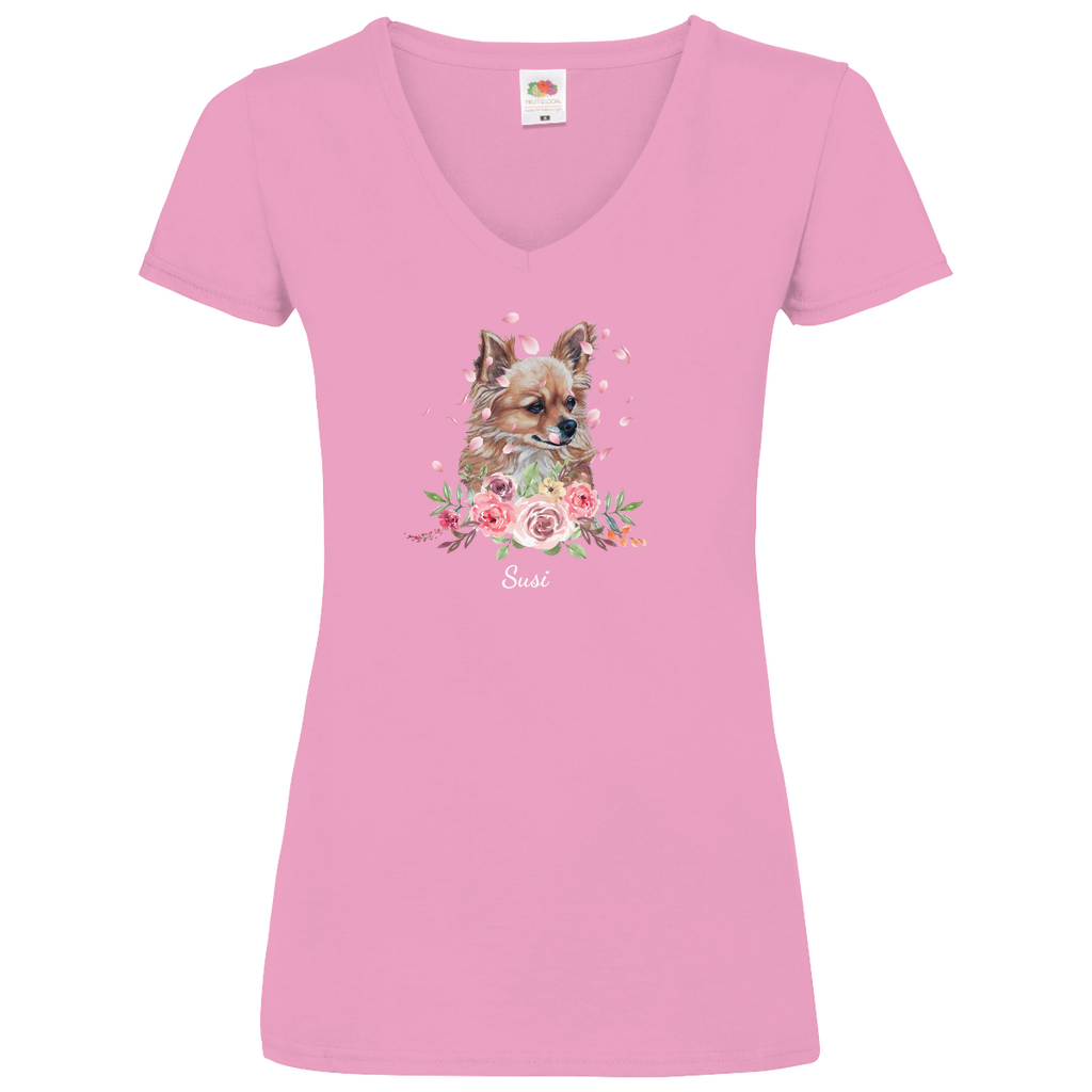 Flower Chihuahua -V-Shirt für Damen-Dein Wunschtext