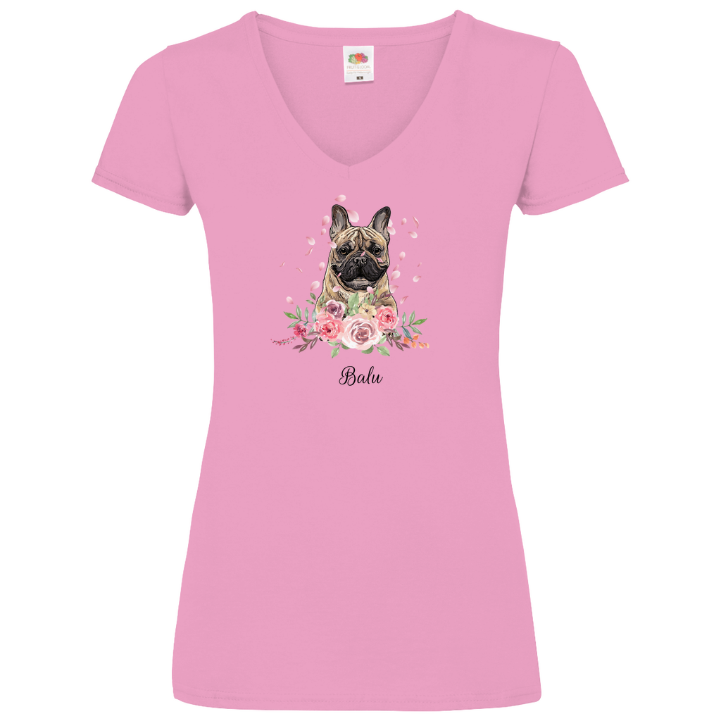 Flower Französische Bulldoge - V-Shirt für Damen - Dein Wunschtext