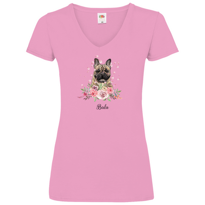 Flower Französische Bulldoge - V-Shirt für Damen - Dein Wunschtext