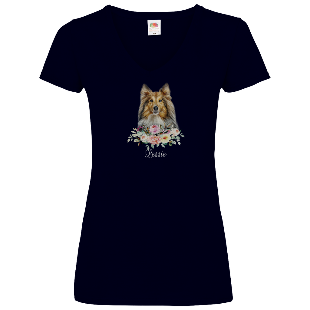 Flower Sheltie - V-Shirt für Damen - Dein Wunschtext