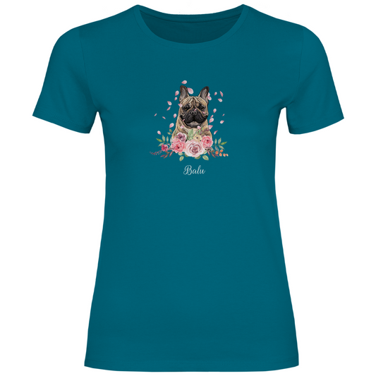 Flower Französische Bulldoge - T-Shirt für Damen - Dein Wunschtext