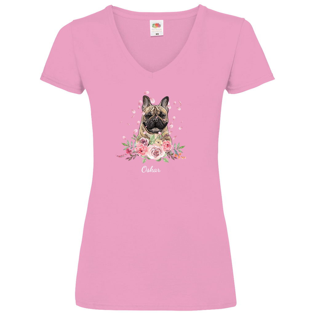 Flower Französische Bulldoge - V-Shirt für Damen - Dein Wunschtext