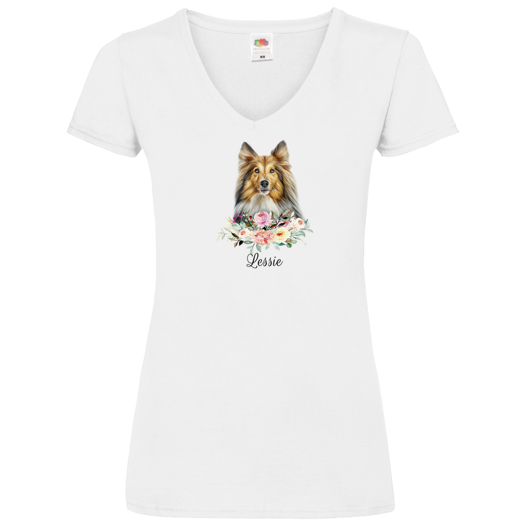 Flower Sheltie - V-Shirt für Damen - Dein Wunschtext