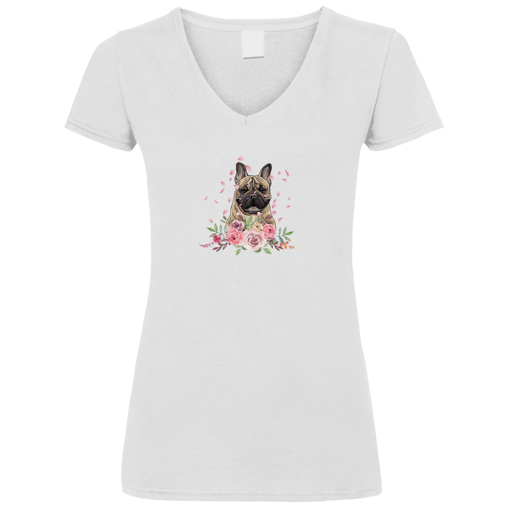 Flower Französische Bulldoge - V-Shirt für Damen