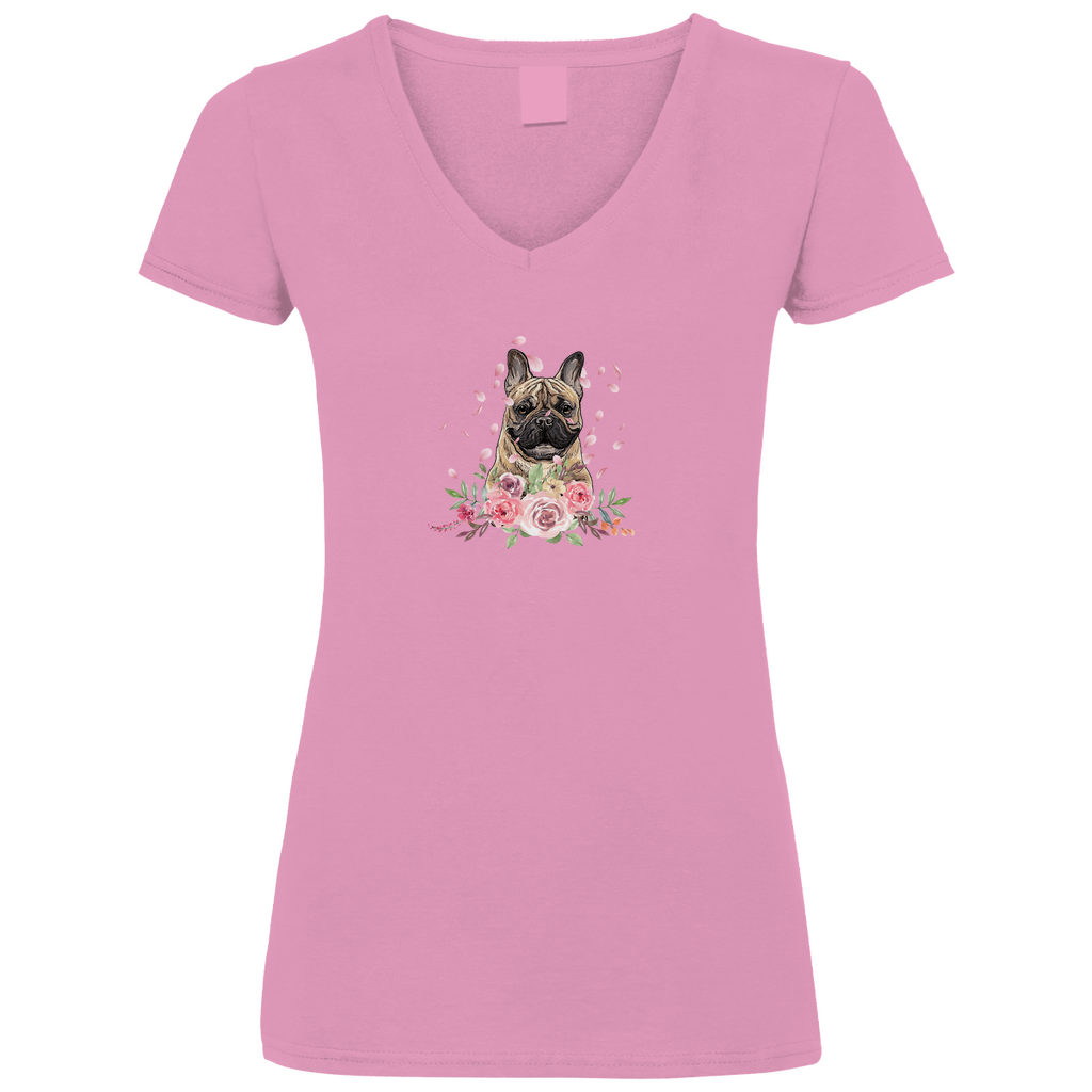 Flower Französische Bulldoge - V-Shirt für Damen