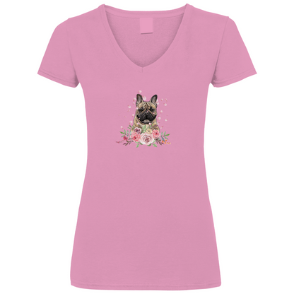 Flower Französische Bulldoge - V-Shirt für Damen