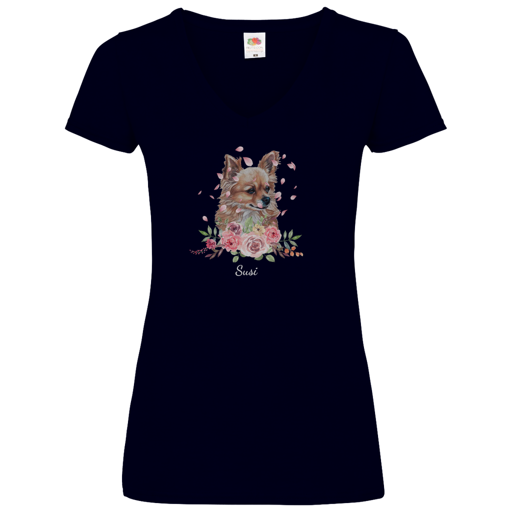 Flower Chihuahua -V-Shirt für Damen-Dein Wunschtext