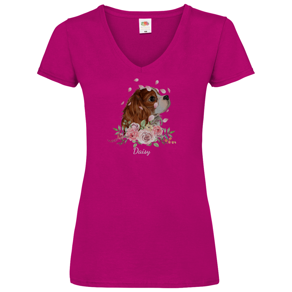 Flower Cavalier King Charles -V-Shirt für Damen - Dein Wunschtext