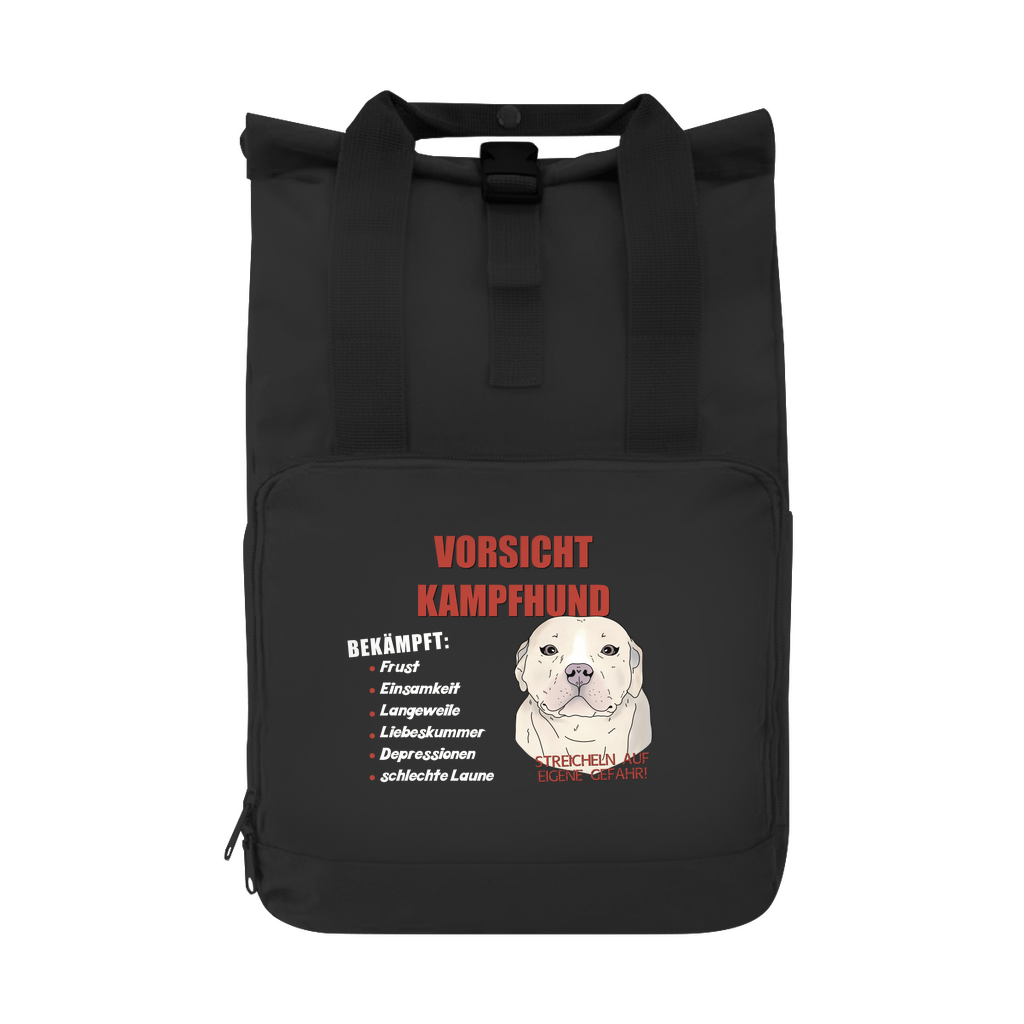 Praktischer Rucksack mit "Vorsicht Kampfhund"-Motiv, witzige Cartoon-Grafik in Schwarz, geräumig und robust, ideal für Alltag, Schule, Reisen und Hundefans.