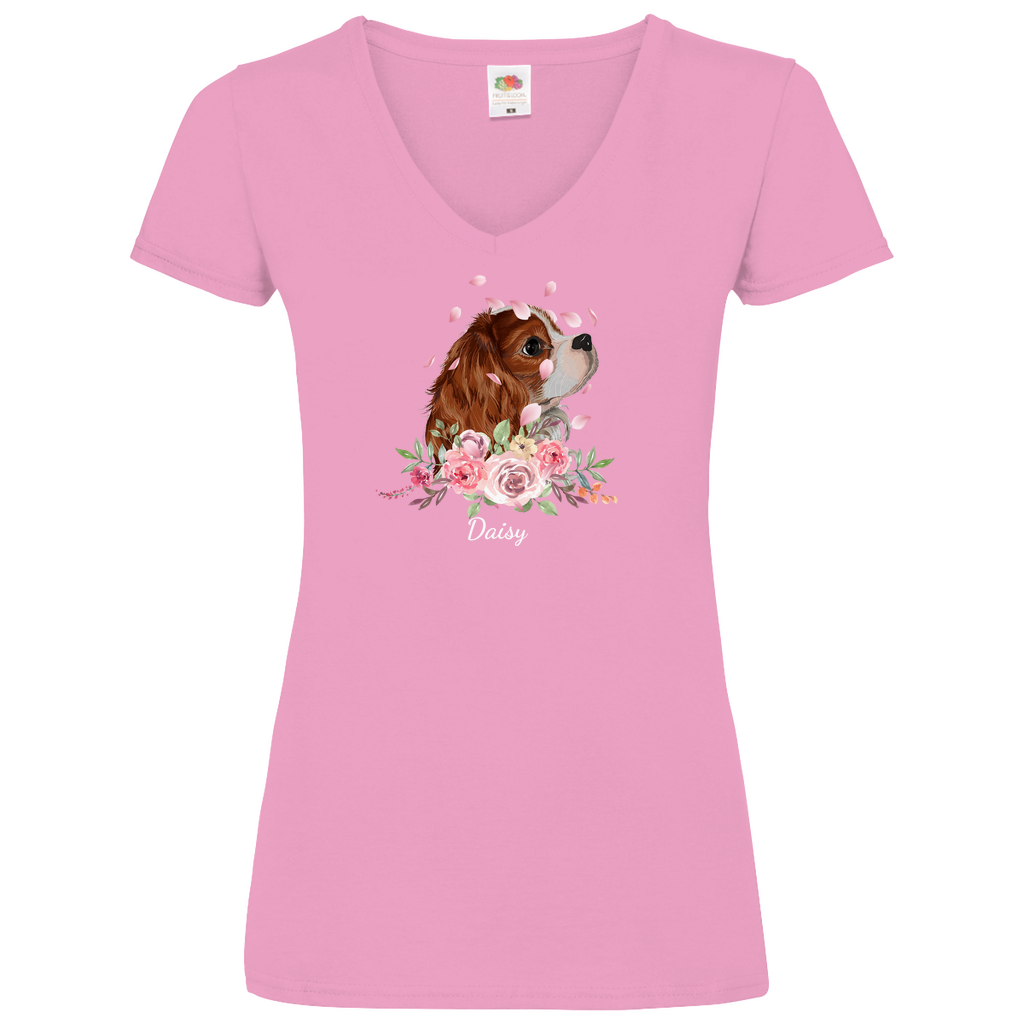 Flower Cavalier King Charles -V-Shirt für Damen - Dein Wunschtext