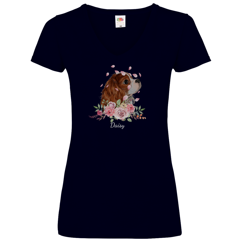 Flower Cavalier King Charles -V-Shirt für Damen - Dein Wunschtext