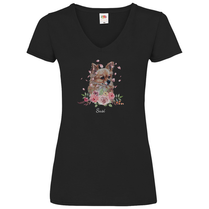 Flower Chihuahua -V-Shirt für Damen-Dein Wunschtext