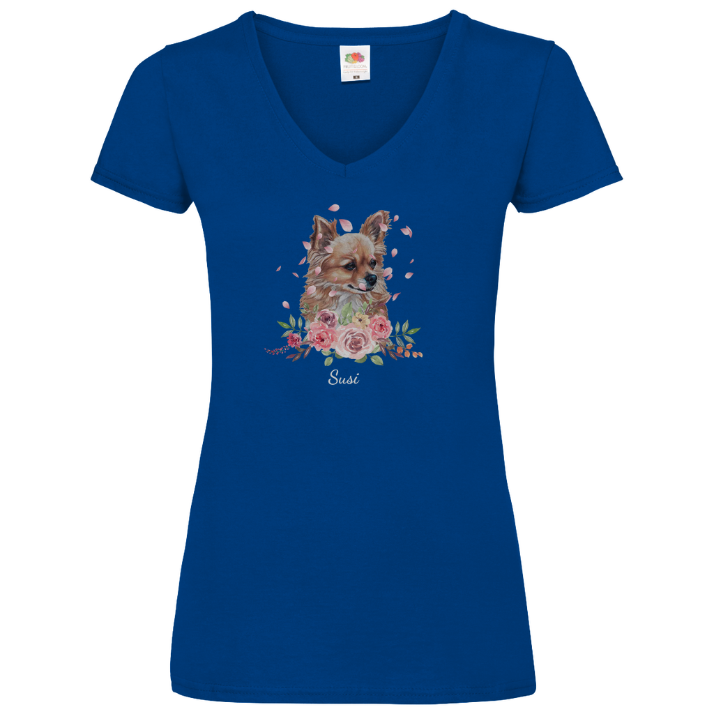 Flower Chihuahua -V-Shirt für Damen-Dein Wunschtext